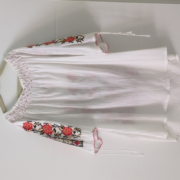 Embroidered Gauzy White Blouse with Red Floral Authentic Design Peasant Boho - Picture 6 of 7